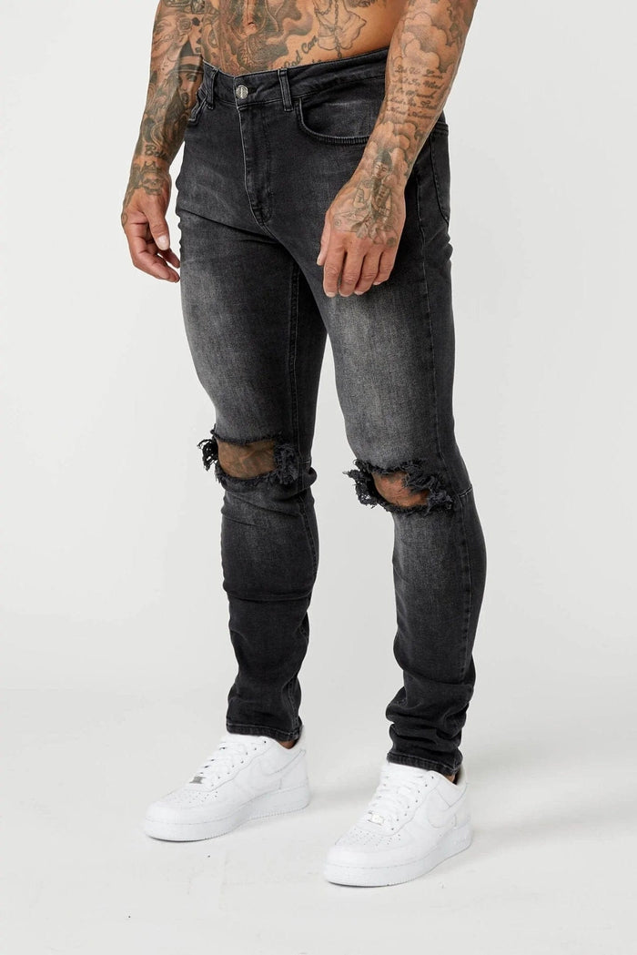 SLIM FIT JEANS - GRIJZE WASH VERNIETIGDE KNIE