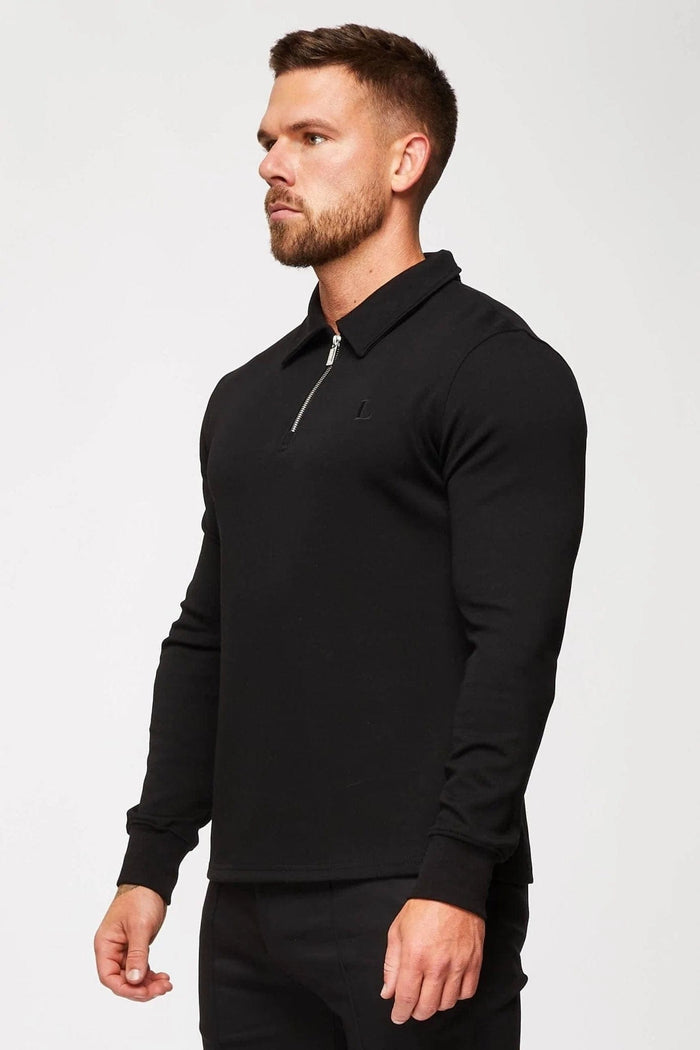 CORE POLO SHIRT QUARTER ZIP LONG SLEEVE - BLACK