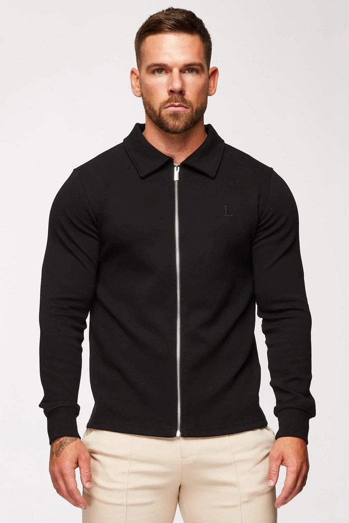 CORE POLO ZIP THROUGH SHIRT - BLACK