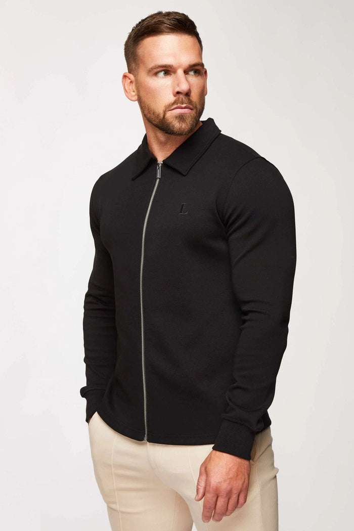 CORE POLO ZIP THROUGH SHIRT - BLACK