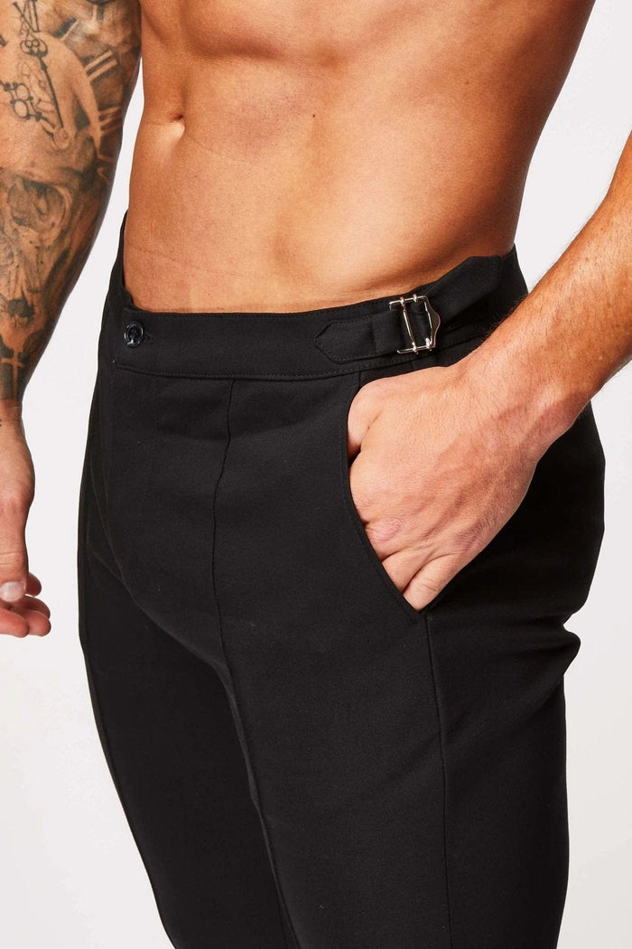 PLAIN STRETCH TROUSER W/ SIDE CINCH - BLACK