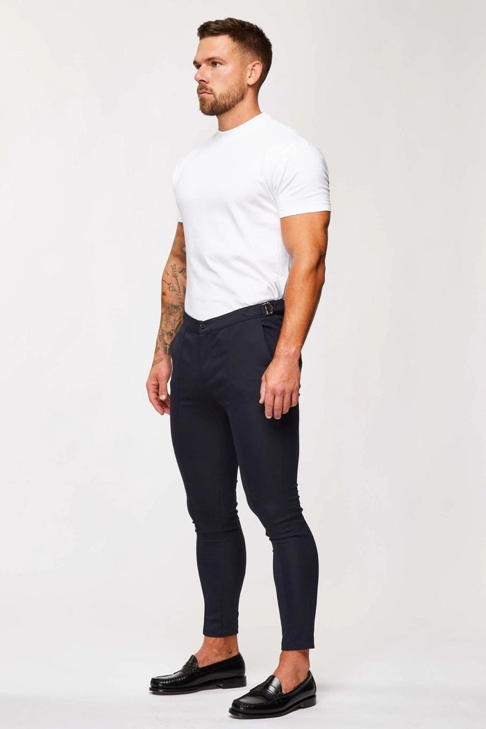 PLAIN STRETCH TROUSER W/SIDE CINCH - NAVY