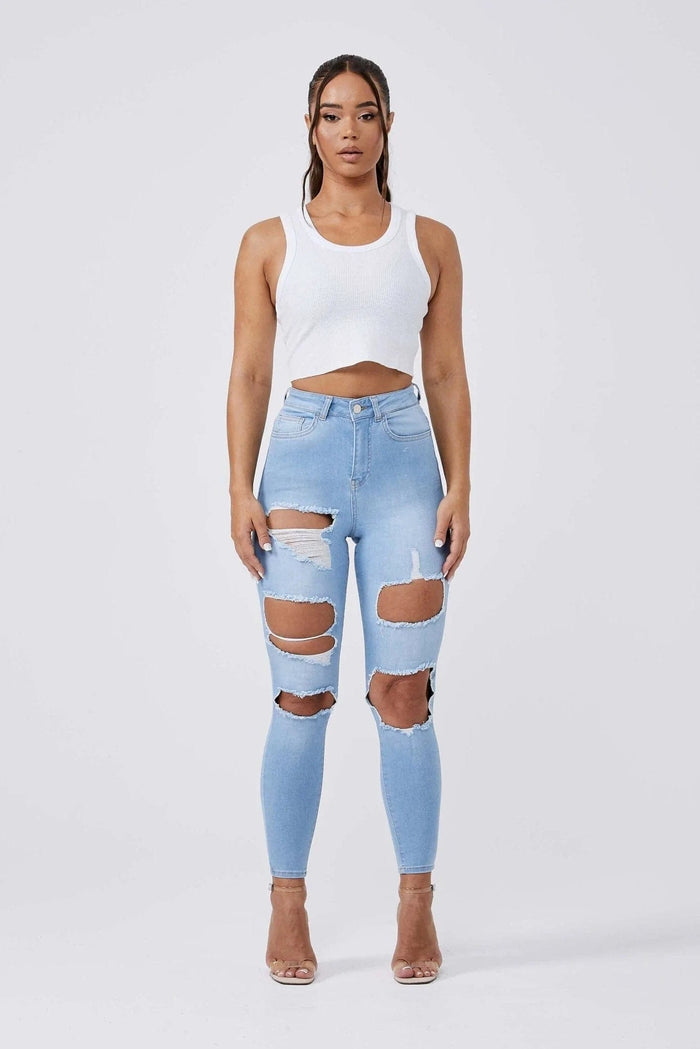 SKINNY JEANS MULTI RIPPED – HELLBLAU