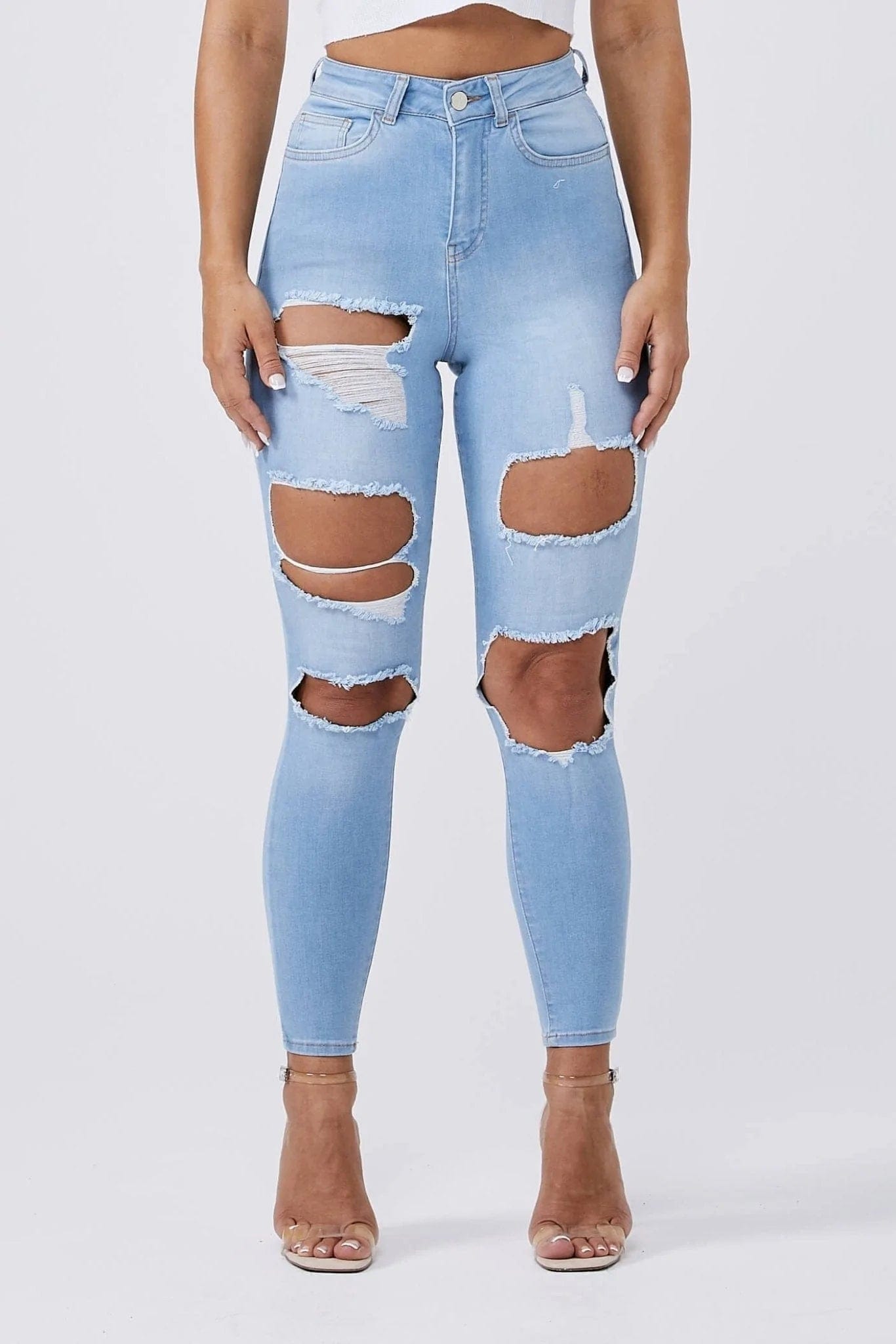 40098 Women's High Waisted Distressed Skinny Jeans With Cut, 56% OFF