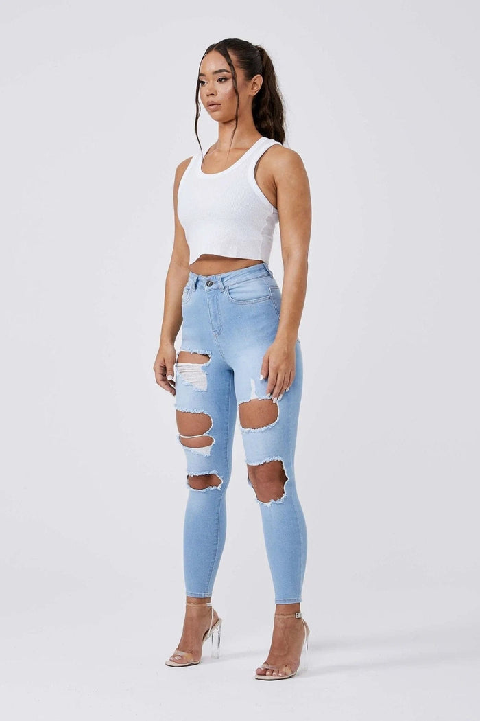 SKINNY JEANS MULTI RIPPED - LIGHT BLUE