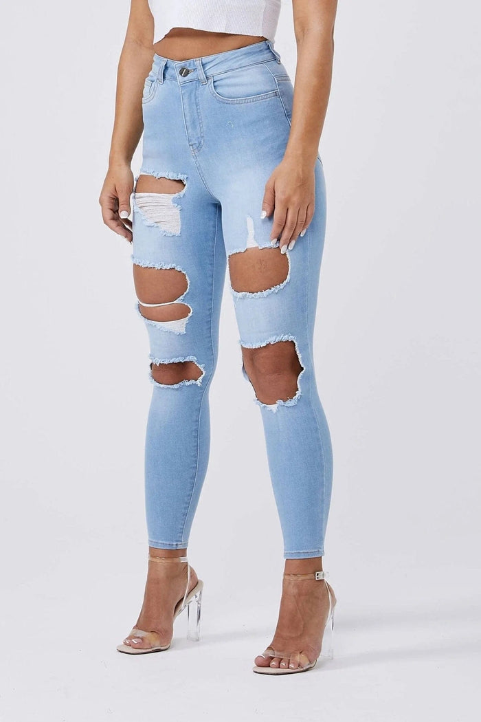 SKINNY JEANS MULTI RIPPED - LIGHT BLUE