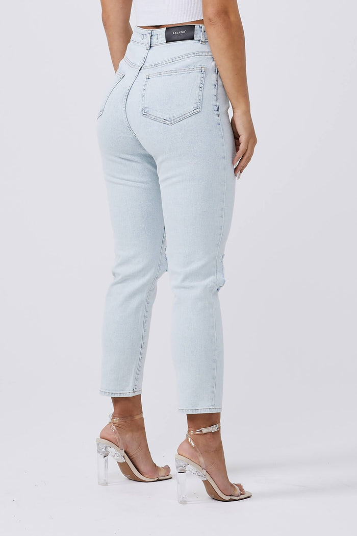 MOM JEANS KNIE GESCHEURD - BLEACH WASH