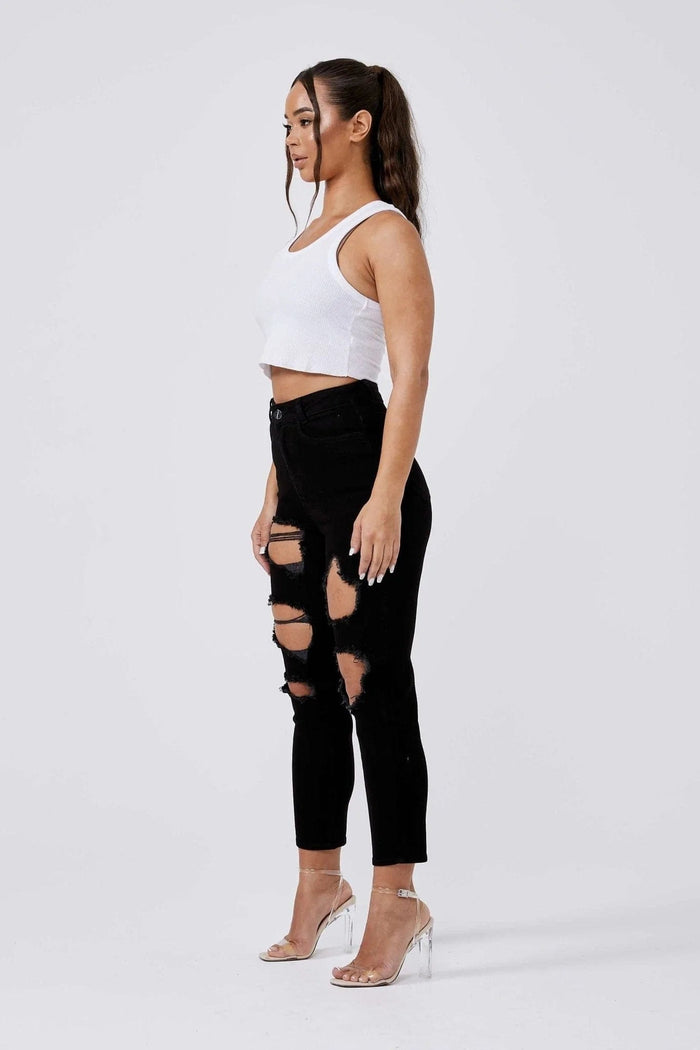 MOM-JEANS MULTI RIPPED – SCHWARZ