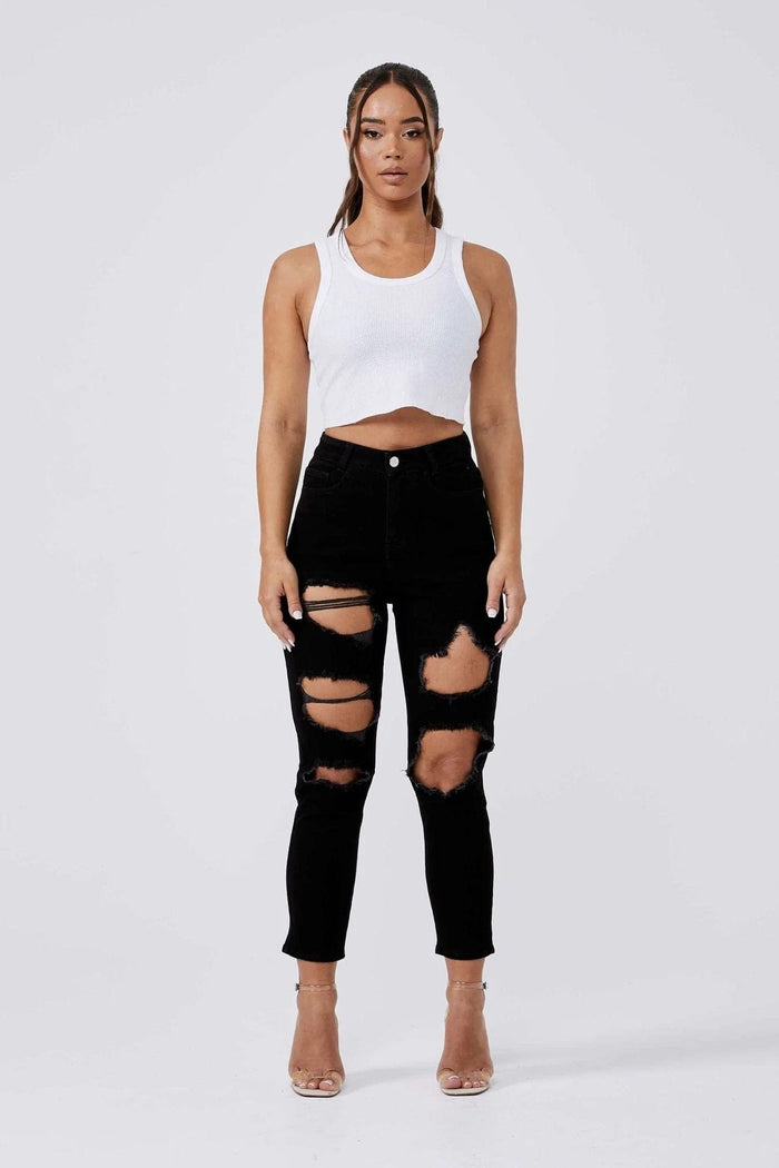 MOM-JEANS MULTI RIPPED – SCHWARZ