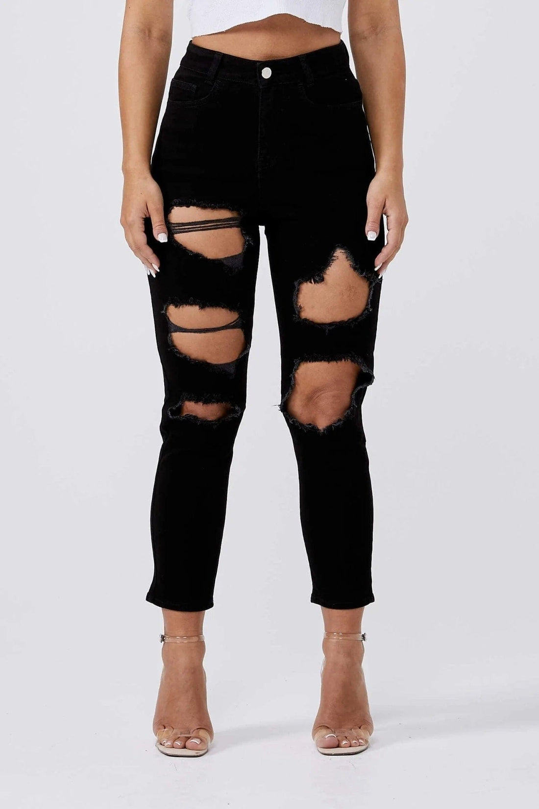 Legend London Womens Jeans MOM JEANS MULTI RIPPED - BLACK