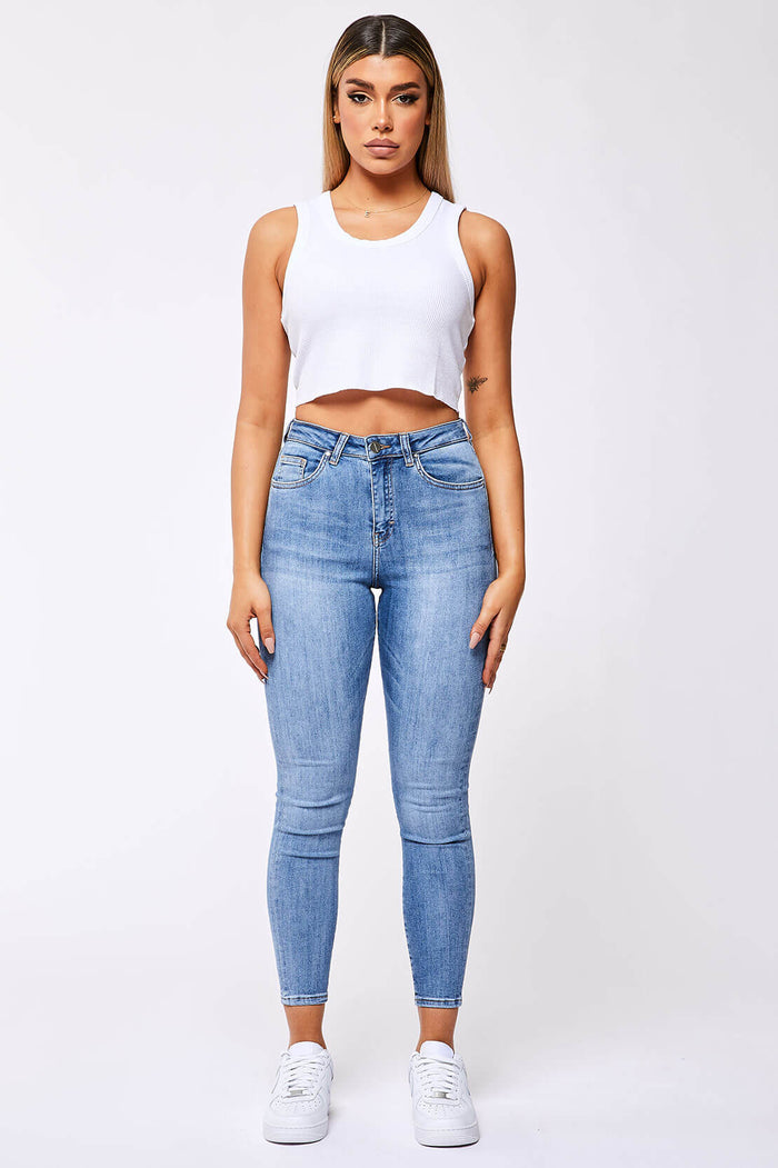 SKINNY JEAN - GEWASSEN INDIGO BLAUW