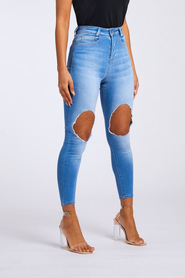 SKINNY JEANS BIG KNEE RIP - INDIGO BLUE