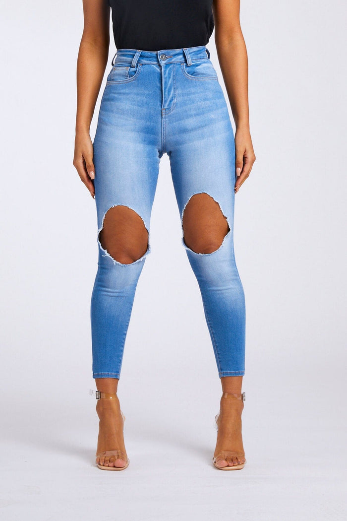 SKINNY JEANS GROTE KNIE RIP - INDIGO BLAUW