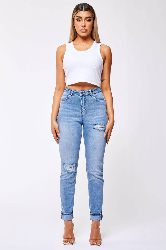 STRAIGHT LEG JEAN - WASHED BLUE RIPPED