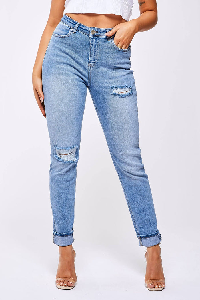 Jeans mit geradem Bein – gewaschenes Blau mit Rissen