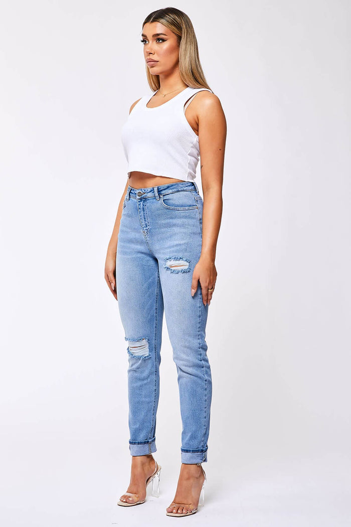 STRAIGHT LEG JEAN - WASHED BLUE RIPPED