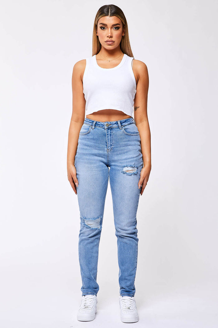 STRAIGHT LEG JEAN - WASHED BLUE RIPPED