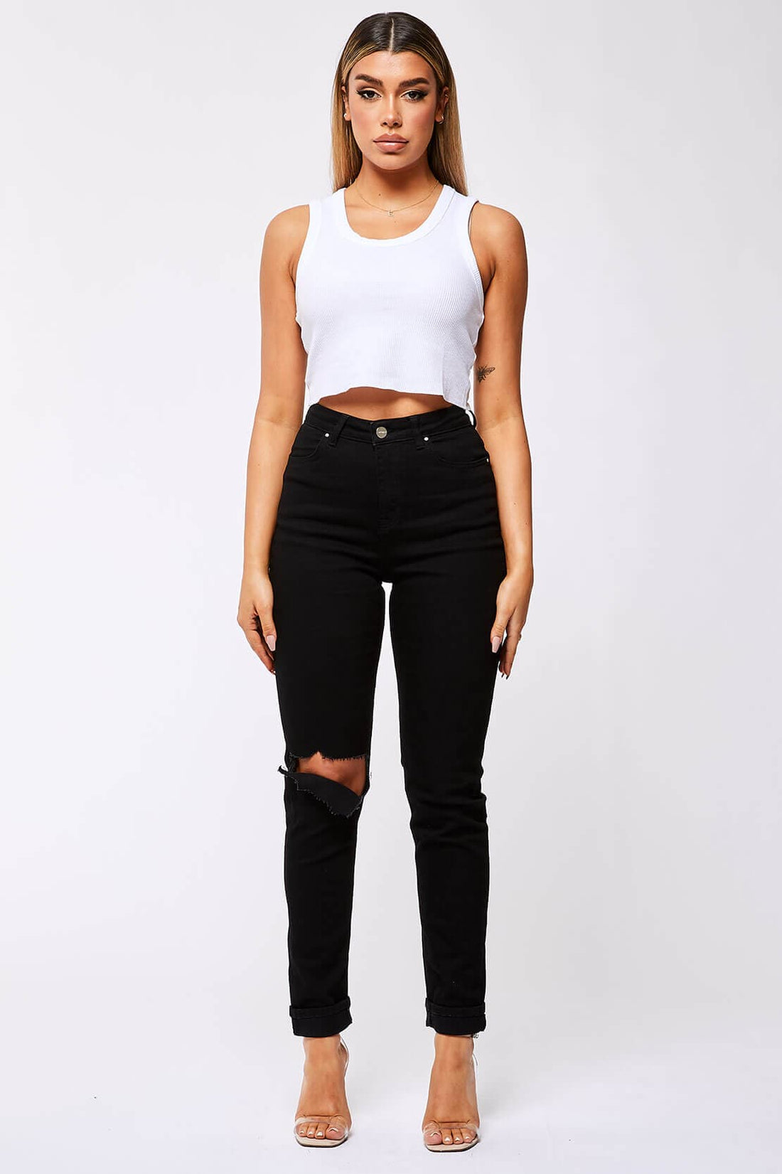 Legend London Womens Jeans STRAIGHT LEG JEANS - BLACK DESTROYED LEFT KNEE