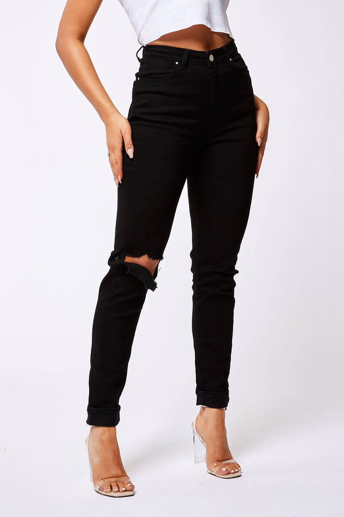 STRAIGHT LEG JEANS - BLACK DESTROYED KNEE