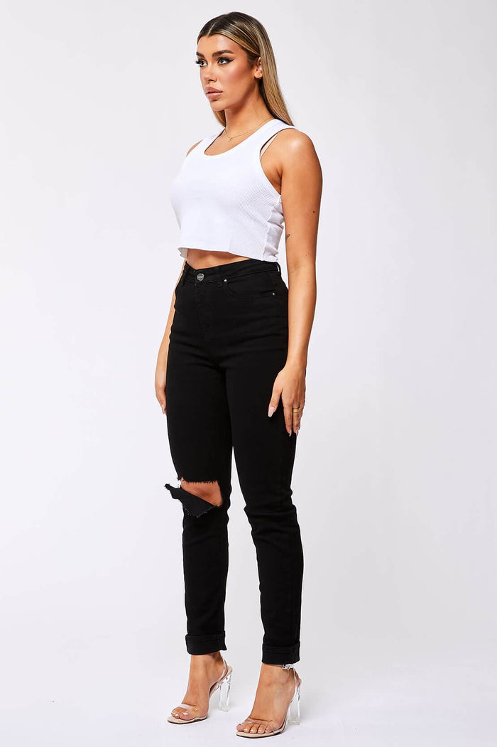 STRAIGHT LEG JEANS - BLACK DESTROYED KNEE